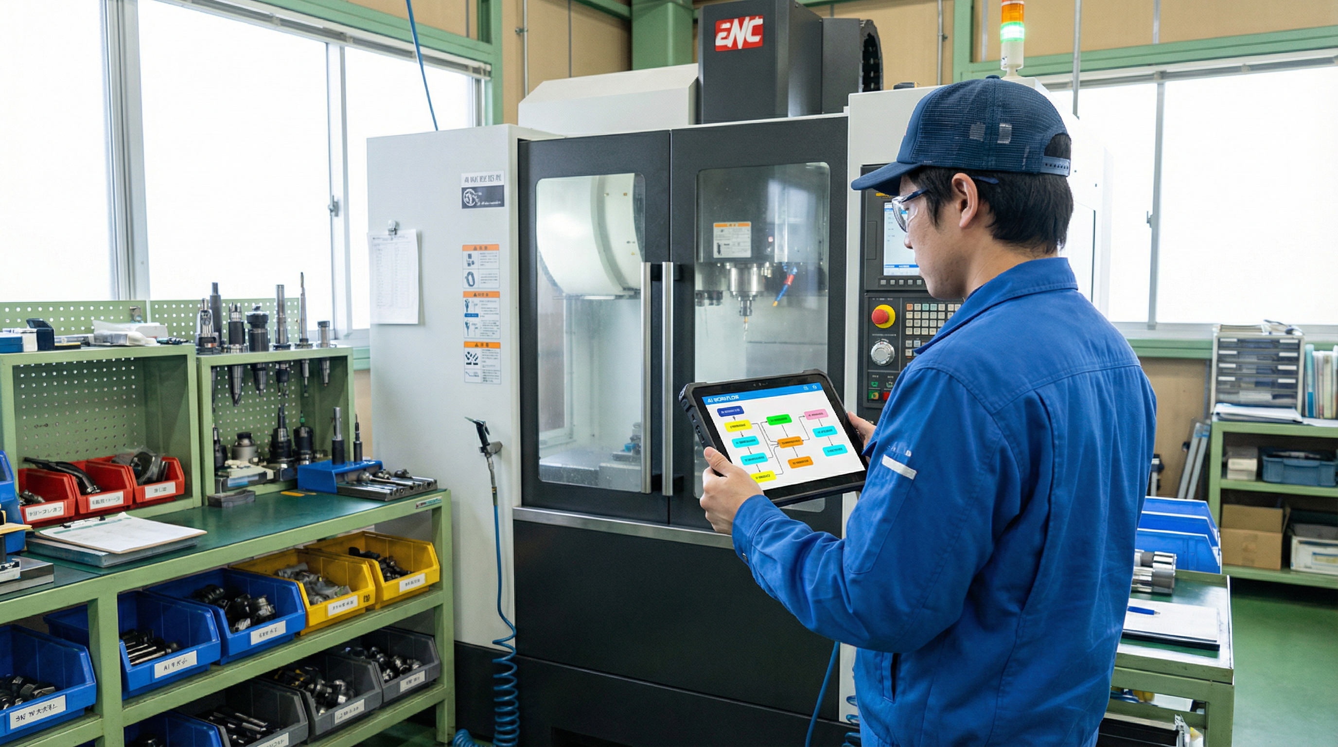 工場でタブレットを操作する技術者